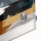 Close-up of an abstract wall art design featuring colorful strokes and lines on acrylic glass, highlighting vibrant hues and modern artistic expression.