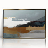 Framed acrylic wall art featuring an abstract design of colorful strokes and lines in gold, perfect for modern home decor, adding a touch of elegance and creativity.