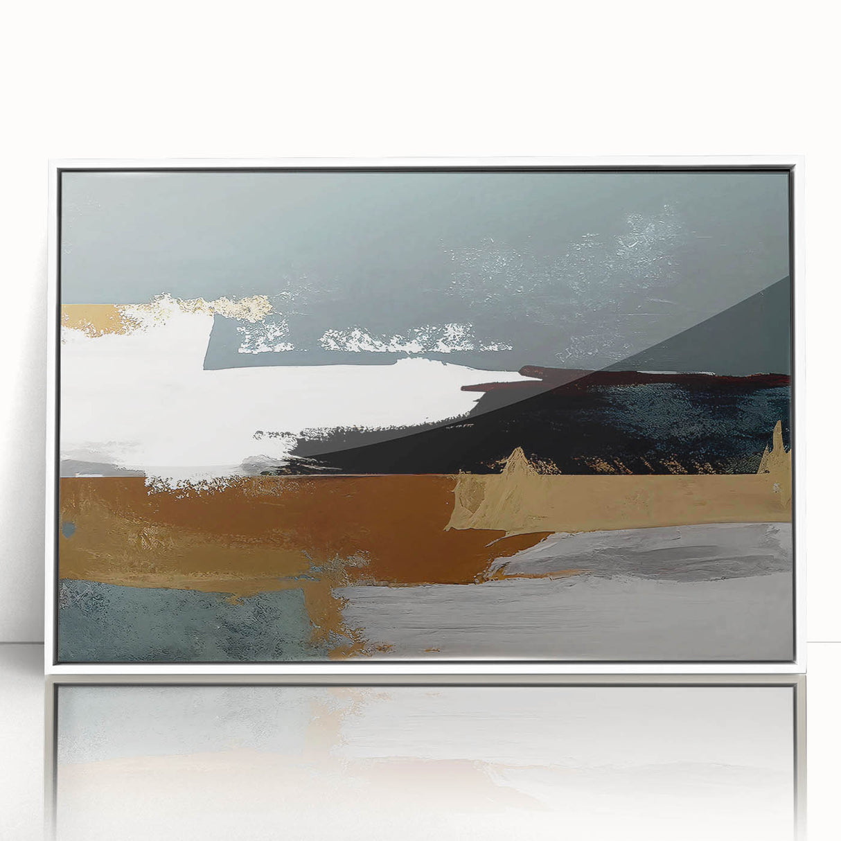 Framed wall art featuring an abstract design of colorful strokes and lines in shades of blue, yellow, and red, set against a sleek white background, perfect for modern decor.