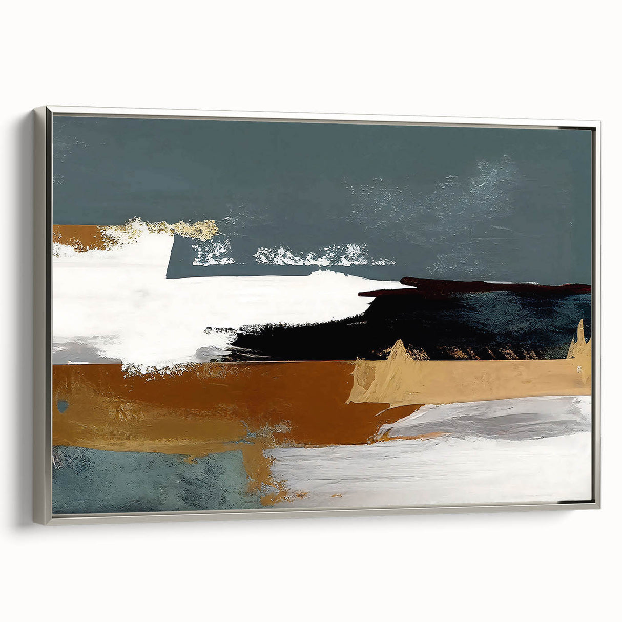 Framed canvas wall art showcasing an abstract design with dynamic strokes and lines in silver tones, ideal for modern decor and enhancing interior aesthetics.