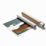 Abstract wall art print showcasing dynamic strokes and lines in vibrant hues of blue, orange, and yellow, perfect for modern home decor and artistic accents.