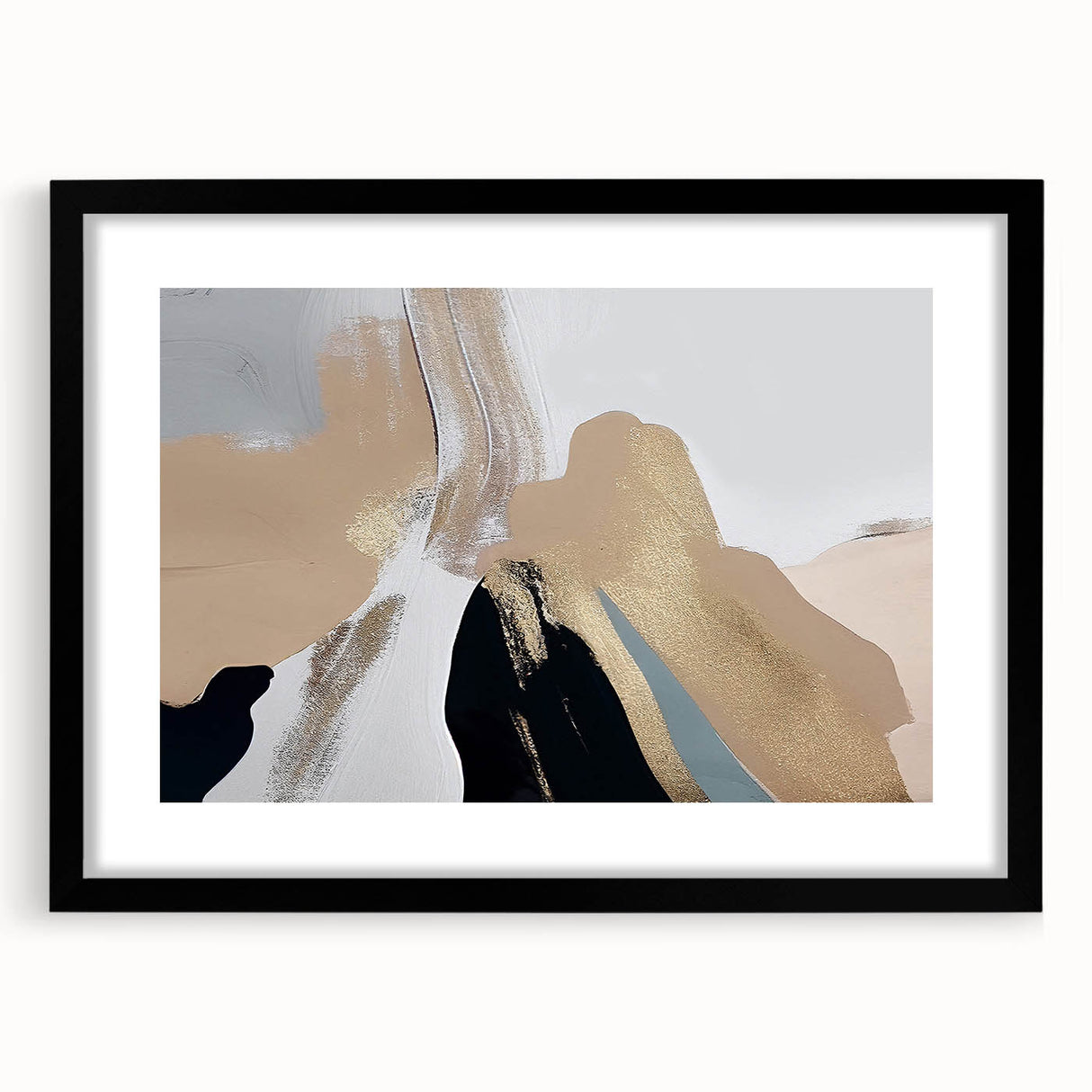 Abstract strokes and lines design wall art in a sleek black frame with a mat, showcasing a modern aesthetic suitable for contemporary home decor.
