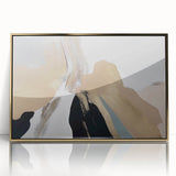 Framed wall art featuring an abstract design of strokes and lines in gold and white, set against a sleek black background, ideal for modern decor.