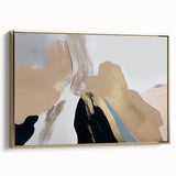 Framed wall art featuring an abstract design with gold strokes and lines on a textured canvas, showcasing a modern aesthetic ideal for contemporary decor.