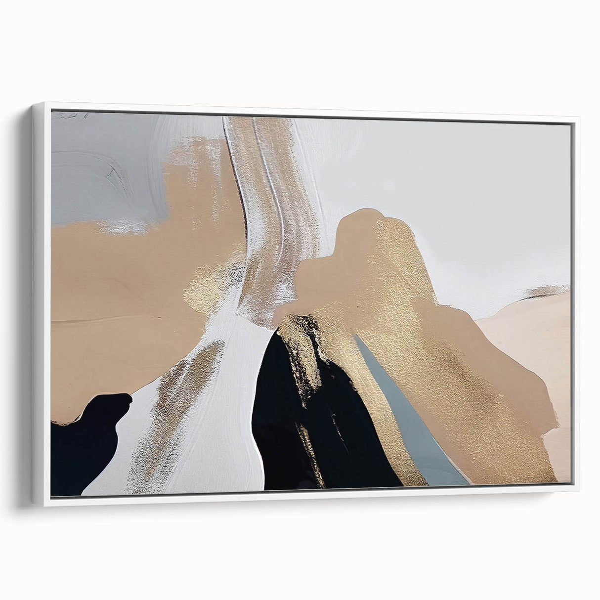 Framed canvas artwork showcasing an abstract design with vibrant strokes and lines in shades of blue, green, and gold, displayed against a white background. This modern wall art piece adds a contemporary touch to any interior decor.