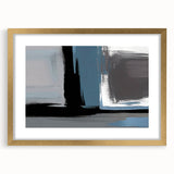 Abstract wall art featuring a sleek design of vibrant strokes and lines in gold and neutral tones, framed with a mat for an elegant modern aesthetic. Perfect for enhancing contemporary home decor.