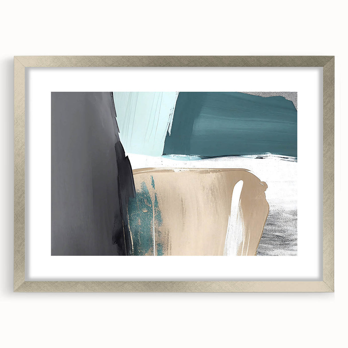 Abstract wall art featuring dynamic strokes and lines in a modern design, framed with a sleek silver mat, showcasing a sophisticated aesthetic suitable for contemporary decor.
