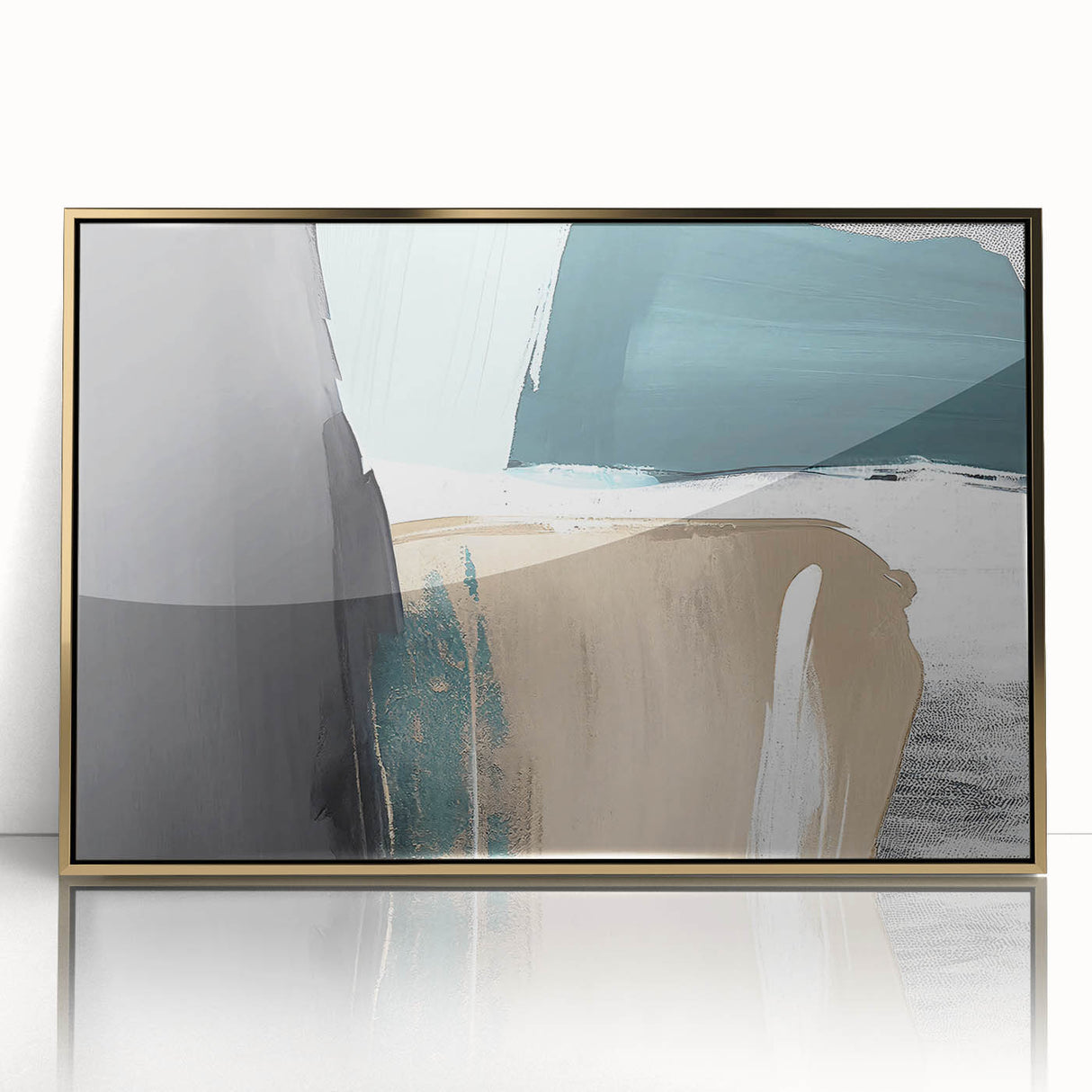 Framed wall art featuring an abstract design of colorful strokes and lines in gold and blue hues, perfect for modern decor, adding elegance to any space.