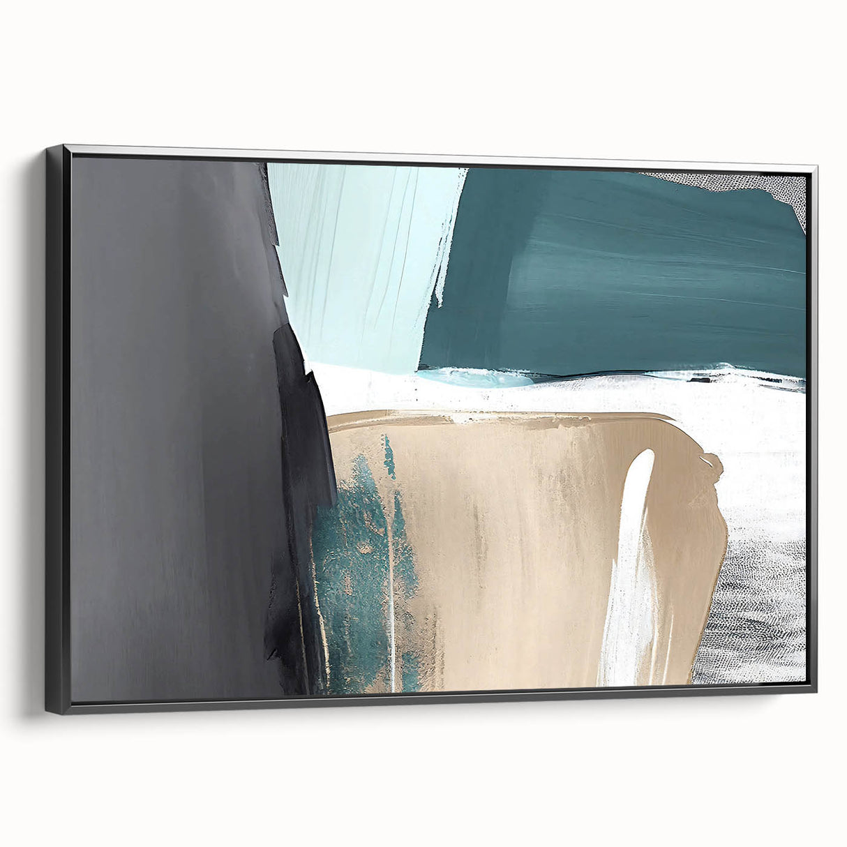 Framed canvas wall art showcasing an abstract design of colorful strokes and lines, featuring a sleek black frame and side view, perfect for modern decor.