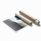 Abstract wall art print featuring bold strokes and lines in a vibrant color palette of blue, orange, and yellow, perfect for modern home decor.