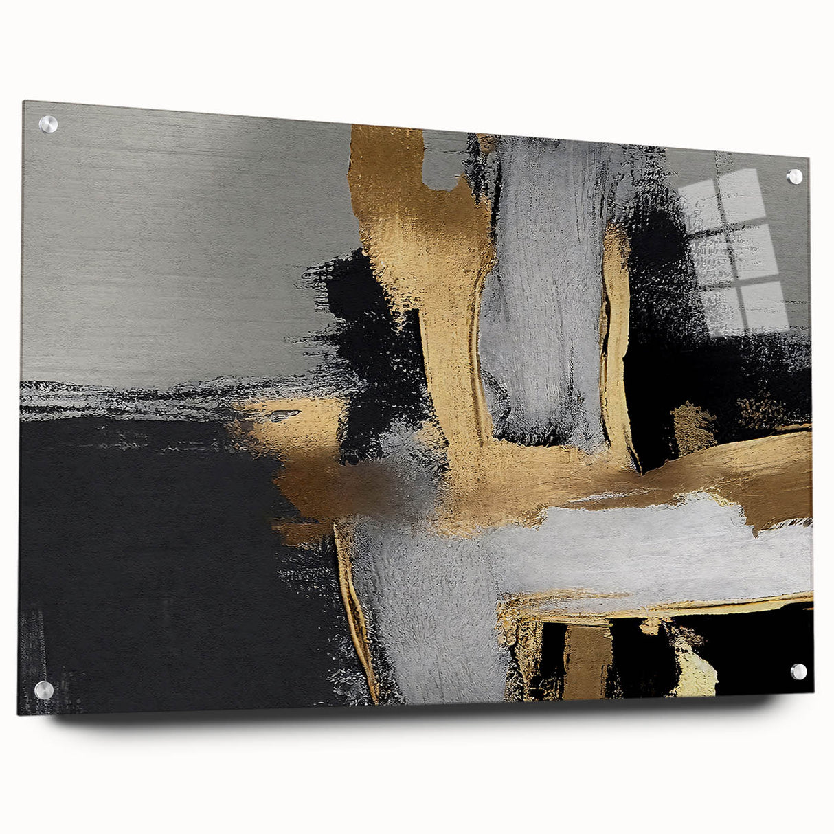 Abstract wall art design showcasing vibrant strokes and lines in a modern acrylic glass frame, featuring a side view with pins for easy display.