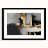 Framed wall art showcasing an abstract design with colorful strokes and lines, set in a sleek black frame with a mat, perfect for modern decor.