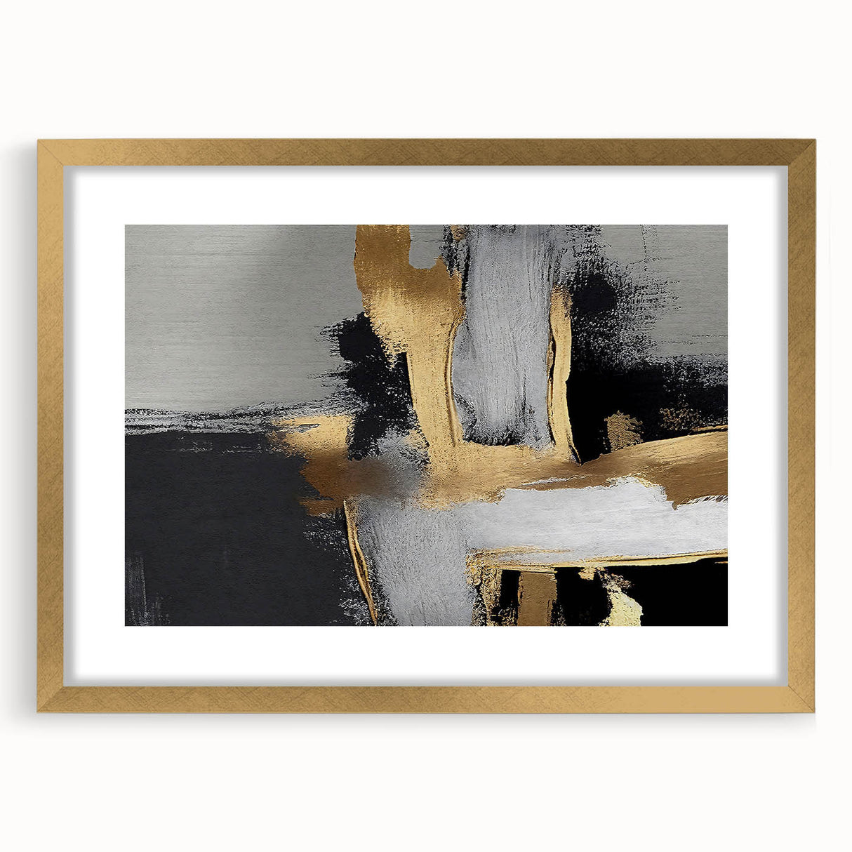 Abstract wall art featuring geometric strokes and lines in a sophisticated gold frame with a mat, ideal for modern decor and enhancing interior aesthetics.