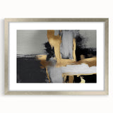 Abstract wall art featuring elegant strokes and lines in muted tones, framed with a silver mat, ideal for modern decor and enhancing living spaces.