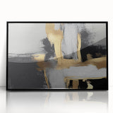 Framed wall art featuring an abstract design of colorful strokes and lines, with a sleek black frame, suitable for modern decor in living spaces or offices.