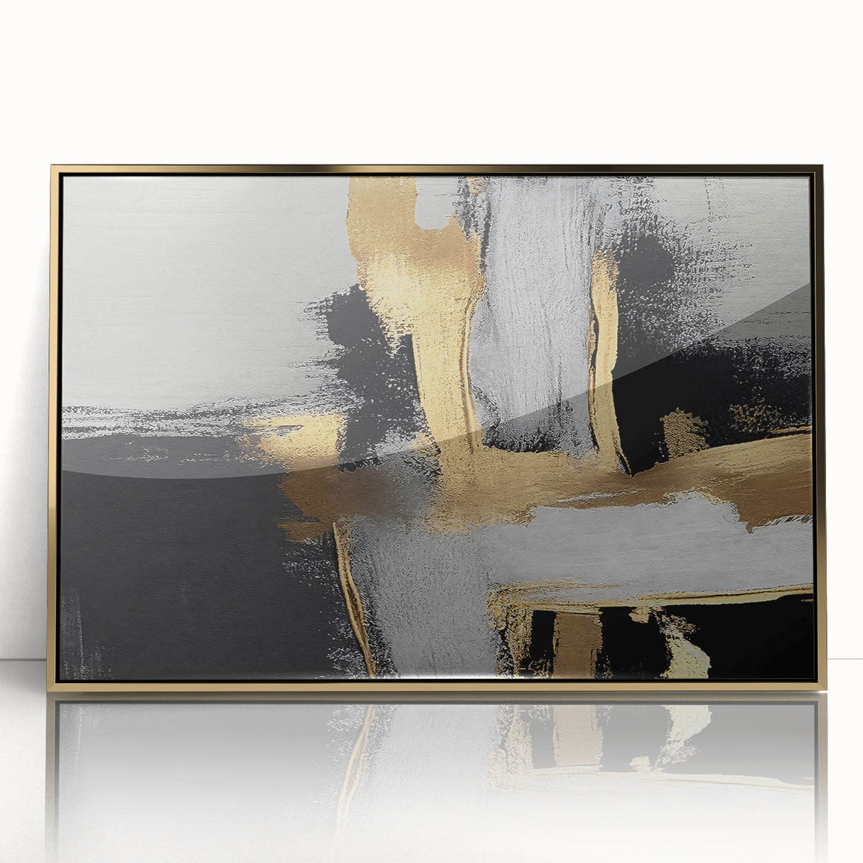 Framed abstract wall art featuring striking gold strokes and lines design on acrylic, perfect for modern decor. Ideal for enhancing any living space with elegance.