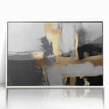 Framed abstract wall art featuring vibrant strokes and lines in shades of blue, yellow, and gray, set against a sleek white frame, ideal for modern decor.