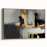 Framed canvas artwork showcasing an abstract design with dynamic strokes and lines in gold and neutral tones, perfect for modern home decor.