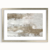 Abstract wall art featuring strokes and lines in soft pastel colors, framed with a silver mat, ideal for modern home decor or office spaces.