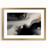 Abstract wall art featuring dynamic strokes and lines in shades of blue, gold, and white, elegantly framed with a gold mat, perfect for modern home decor.