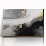 Framed wall art showcasing an abstract design of gold strokes and lines on a white background, perfect for modern decor and elegant home styling.