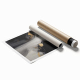 Abstract wall art print showcasing vibrant strokes and lines in shades of blue, orange, and yellow, ideal for modern home decor or office space enhancement.