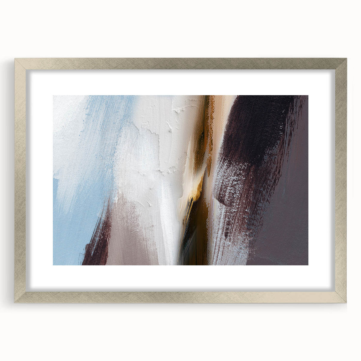 Abstract strokes and lines design wall art collection in a silver frame with matting, showcasing a modern aesthetic suitable for contemporary home decor.