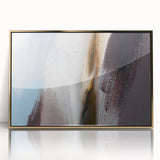 Framed wall art featuring an abstract design of colorful strokes and lines, highlighted with gold accents, perfect for modern home decor. Ideal for enhancing interior aesthetics.