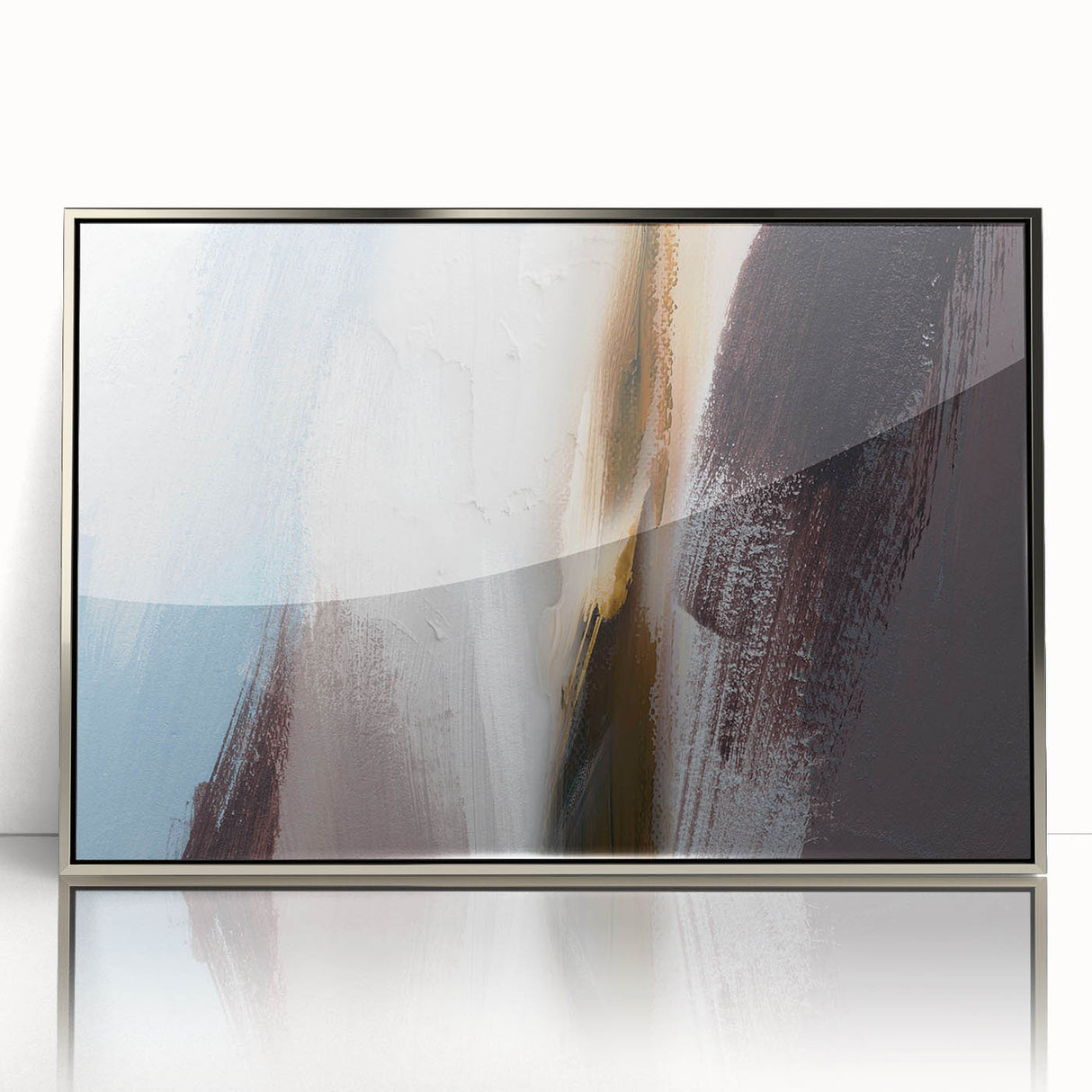 Framed wall art featuring an abstract design with colorful strokes and lines, set in a sleek silver frame, perfect for modern home decor.
