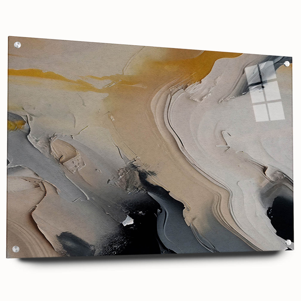 Abstract wall art featuring colorful strokes and lines in a modern design, showcased in a side view with acrylic glass and mounting pins, perfect for contemporary decor.