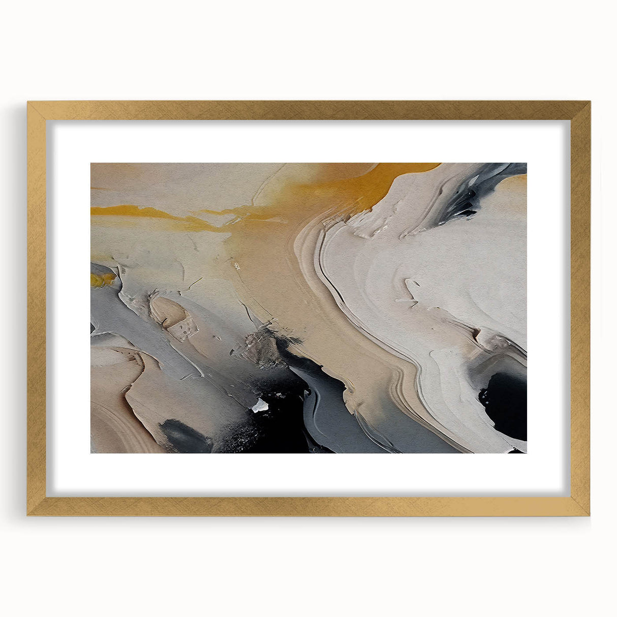 Abstract strokes and lines in a modern wall art design framed with a mat, featuring a gold color scheme, ideal for contemporary home decor.