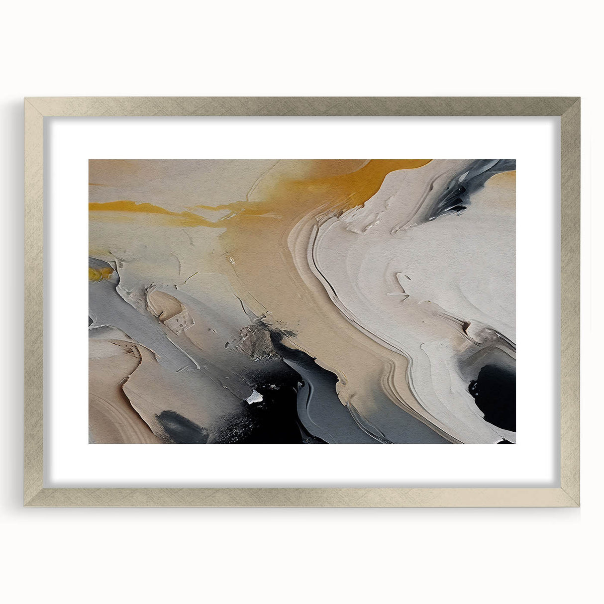 Abstract strokes and lines design wall art in a sleek silver frame with mat, showcasing a modern aesthetic ideal for contemporary home decor.