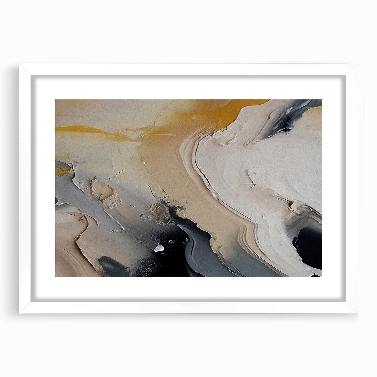 Abstract wall art design featuring colorful strokes and lines in a contemporary style, framed with a white mat, ideal for modern home decor.