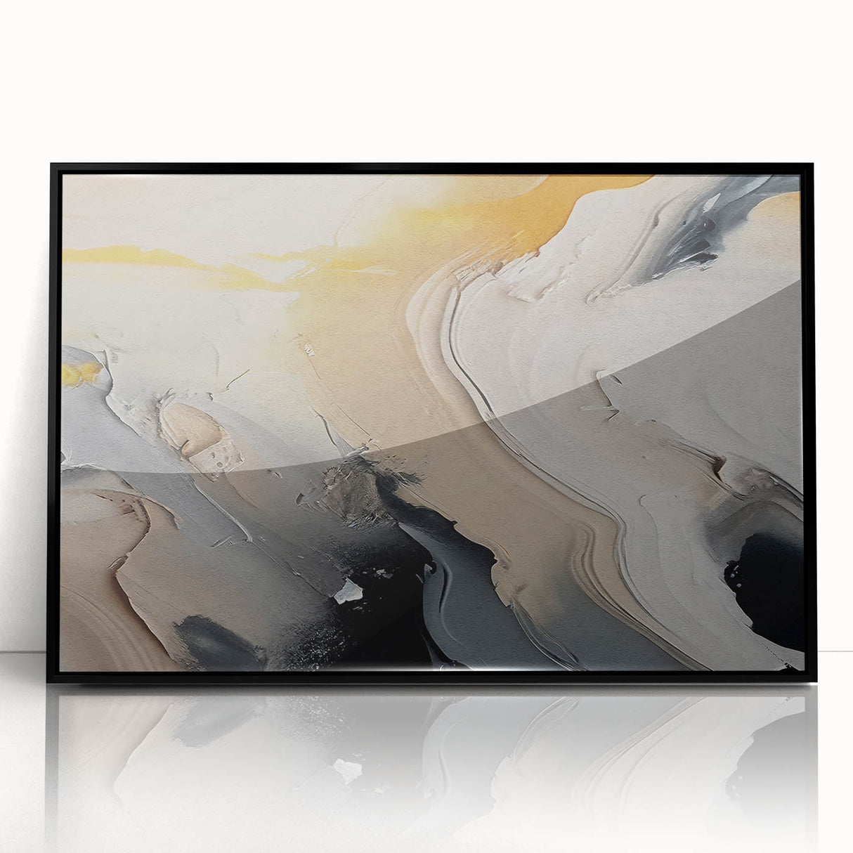 Framed acrylic wall art featuring an abstract design with colorful strokes and lines, set against a sleek black frame, perfect for modern home decor.