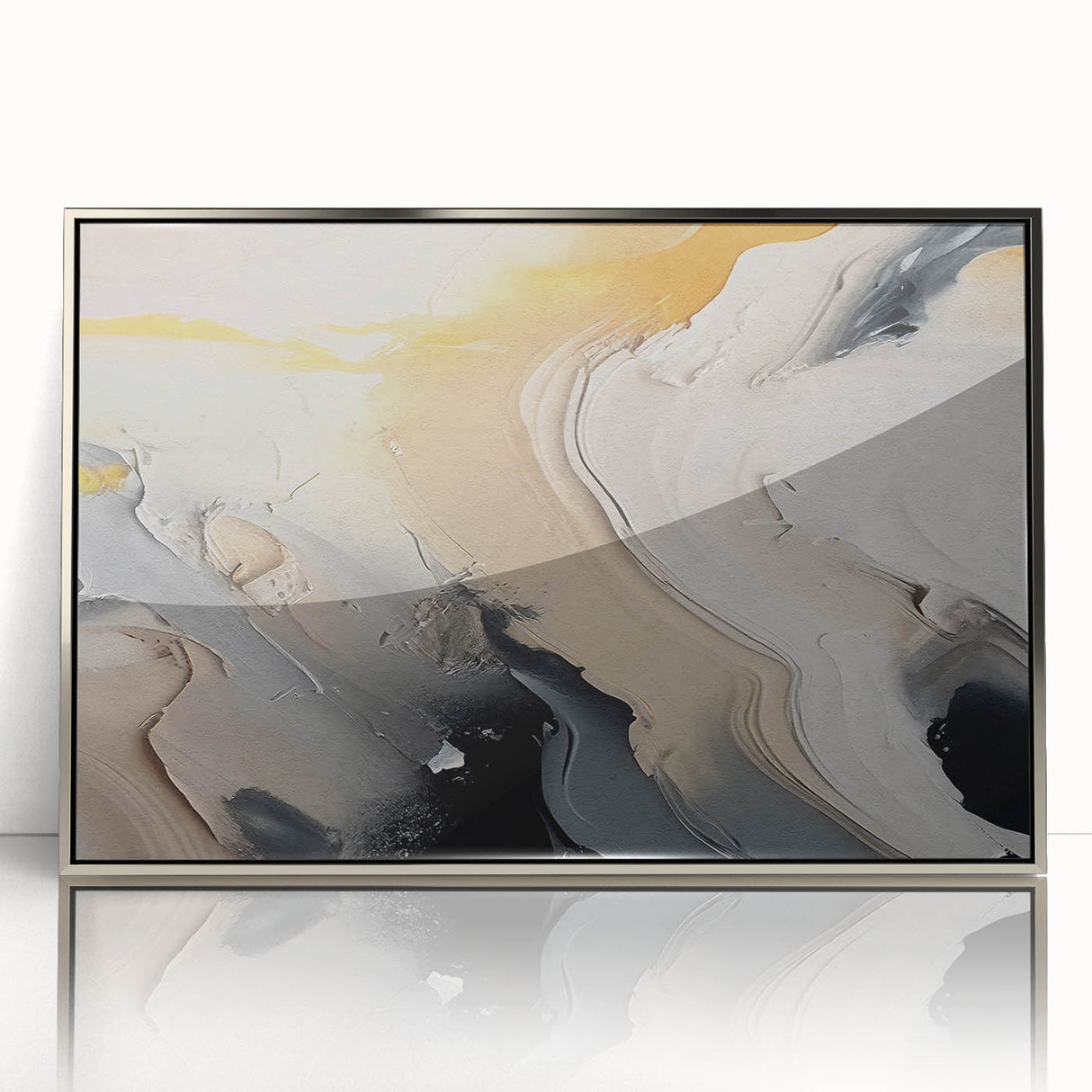 Framed acrylic wall art featuring an abstract design of colorful strokes and lines in a modern silver frame, perfect for contemporary home decor.