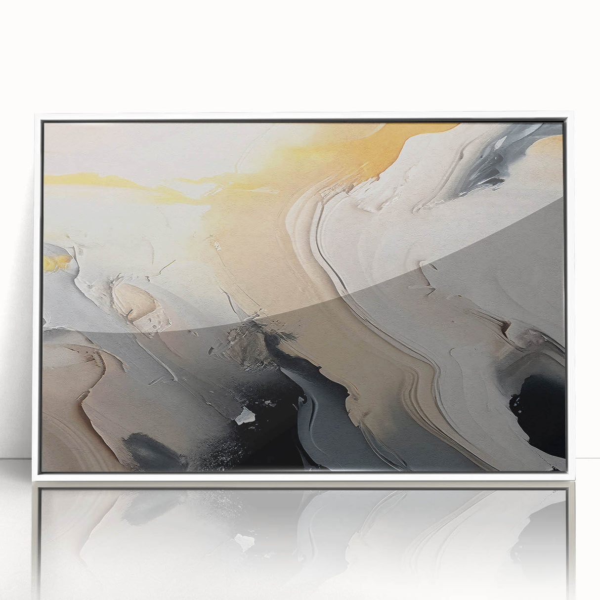 Framed acrylic wall art showcasing an abstract design of multicolored strokes and lines, featuring a sleek white frame, ideal for modern decor.