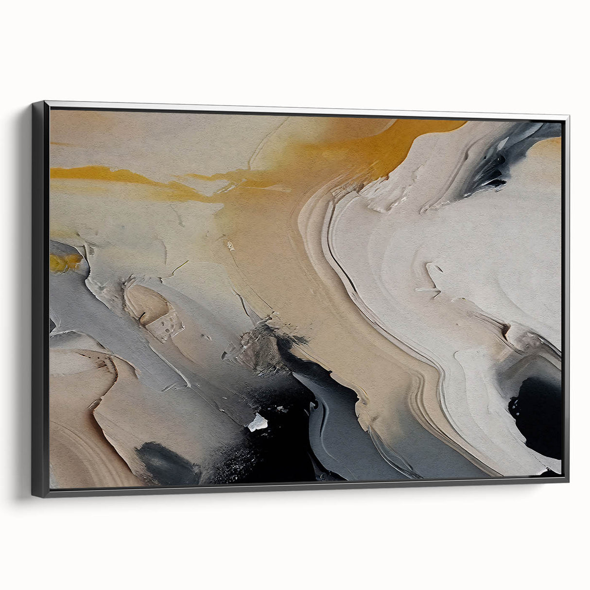 Framed canvas wall art showcasing an abstract design with bold strokes and lines in black and white. The side view highlights the sleek frame, perfect for modern decor.