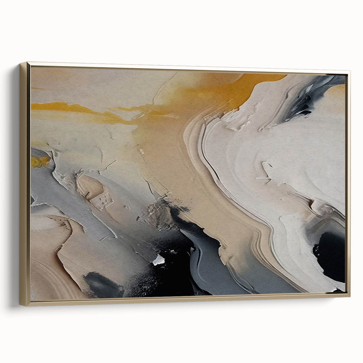 Abstract wall art featuring dynamic golden strokes and lines on a textured canvas, elegantly framed, showcasing a modern artistic design ideal for contemporary decor.