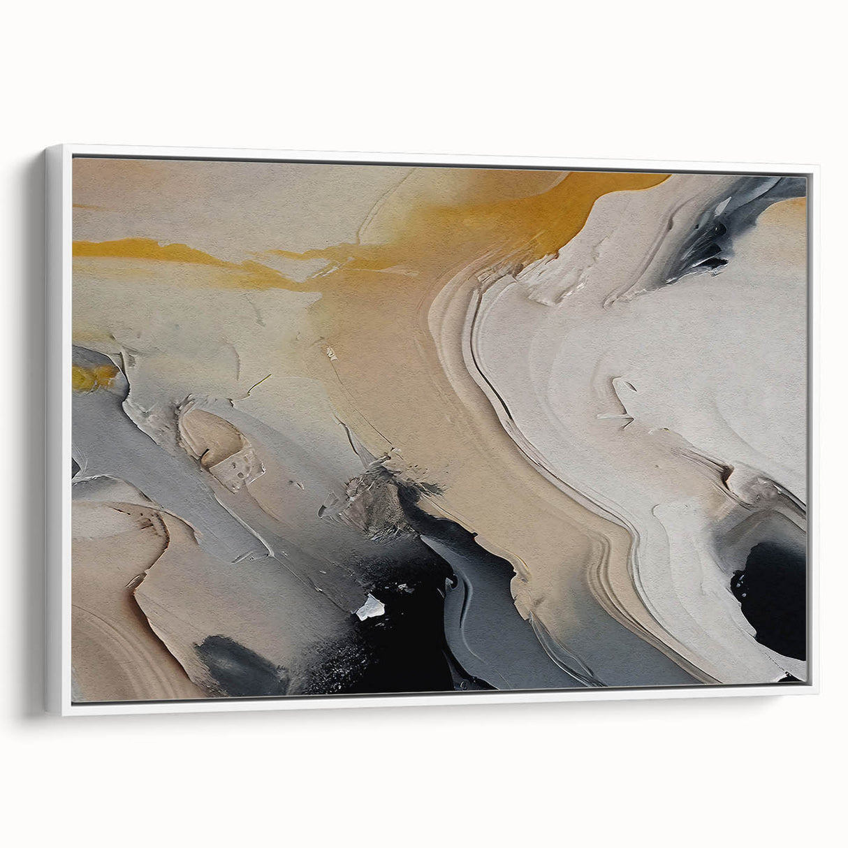 Framed canvas wall art showcasing an abstract design with colorful strokes and lines, presented in a sleek white frame, ideal for modern decor.