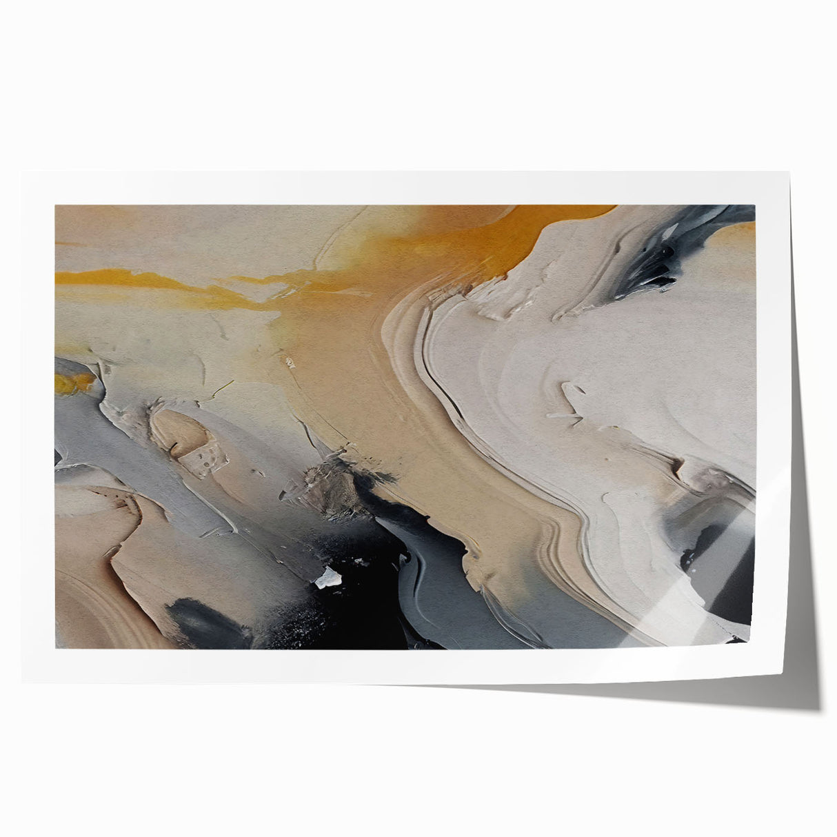 Abstract wall art print featuring vibrant strokes and lines in shades of blue, pink, and gold, designed for modern decor, elegantly rolled for easy framing.