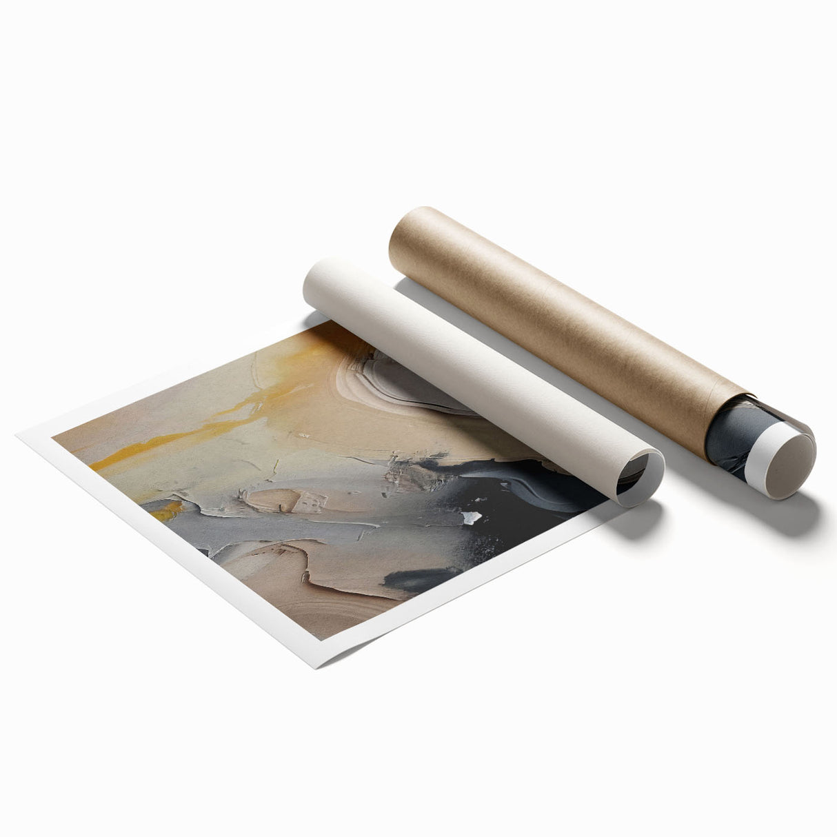 Abstract wall art featuring vibrant strokes and lines in shades of blue, orange, and yellow, designed for modern home decor, rolled for easy framing.