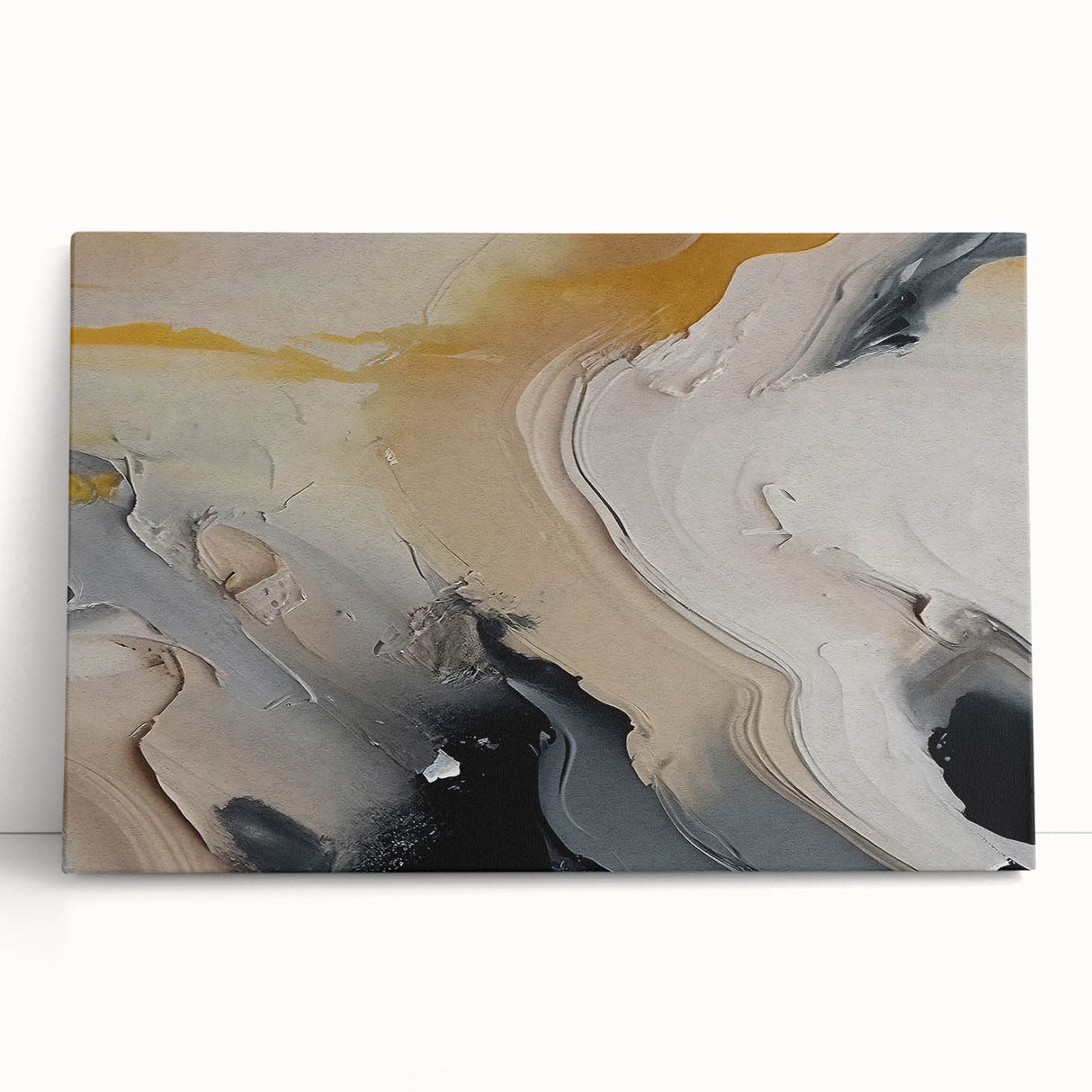 Abstract wall art featuring colorful strokes and lines in vibrant hues of blue, orange, and yellow, designed for modern home decor. Ideal for creating a dynamic focal point in living spaces.