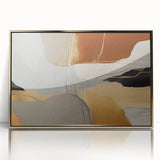 Framed wall art featuring an abstract design of strokes and lines in gold and neutral tones, adding a modern touch to any decor. Ideal for contemporary interiors.