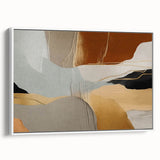 Framed canvas wall art showcasing an abstract design with dynamic strokes and lines in a modern style, featuring a predominantly white background and elegant colors that enhance any contemporary decor. Ideal for living spaces or office settings.