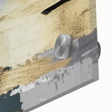 Abstract wall art design featuring vibrant strokes and lines in shades of blue, orange, and gold, displayed in a close-up view on acrylic glass for a modern aesthetic.