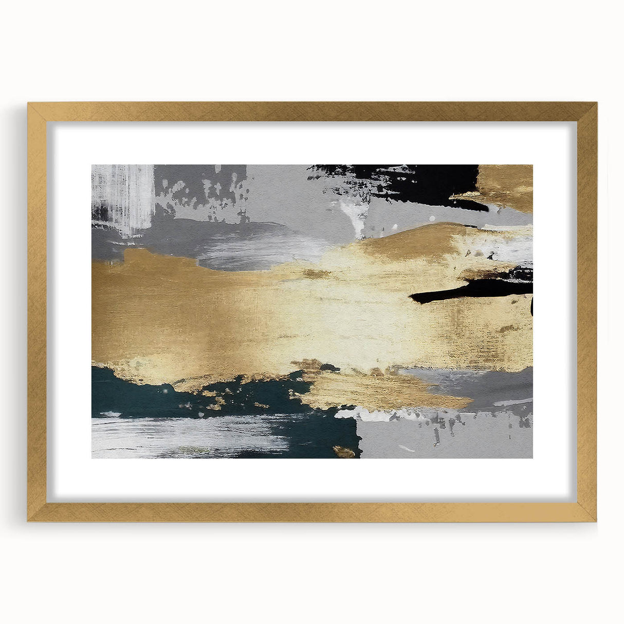 Abstract wall art featuring a modern design of colorful strokes and lines in a gold frame with a mat, ideal for contemporary home decor. Perfect for adding a chic touch to living spaces.