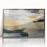 Framed wall art featuring an abstract design of colorful strokes and lines in shades of blue and gold, perfect for modern decor and enhancing living spaces.