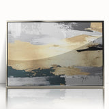 Framed wall art featuring an abstract design of colorful strokes and lines in silver and blue tones, ideal for modern home decor, displayed from a front view.