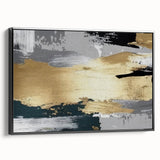 Framed canvas wall art featuring an abstract design of strokes and lines in black and white. The artwork is displayed from a side view, showcasing its sleek profile and modern elegance, perfect for contemporary home decor.