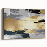 Framed canvas artwork showcasing an abstract design of gold strokes and lines. The piece adds a modern touch to any decor, perfect for living spaces and offices.